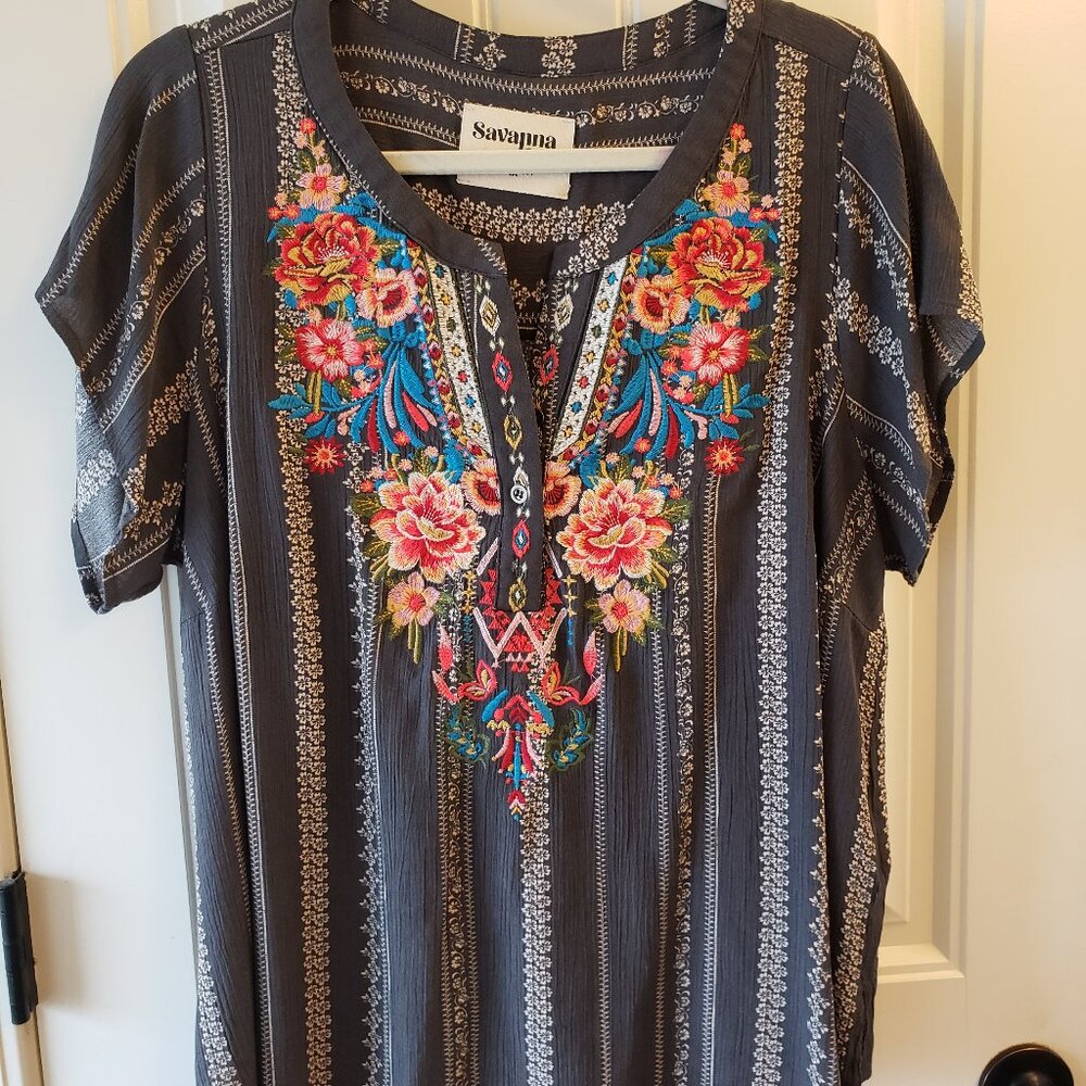 Savanna Jane Charcoal Embroidered Top
